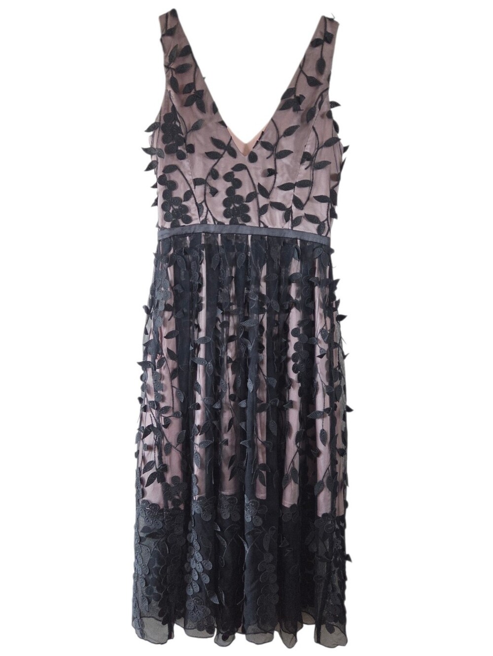 RW&Co Floral Applique Mesh Midi Dress Blush Pink Black Sheer NWT Size 0 Cocktail - Picture 13 of 16